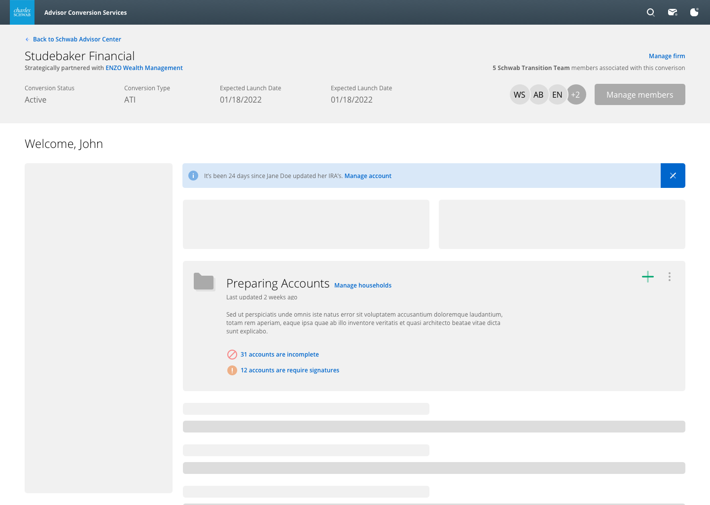 Final advisor dashboard interface showing firm status, team members, and account preparation progress