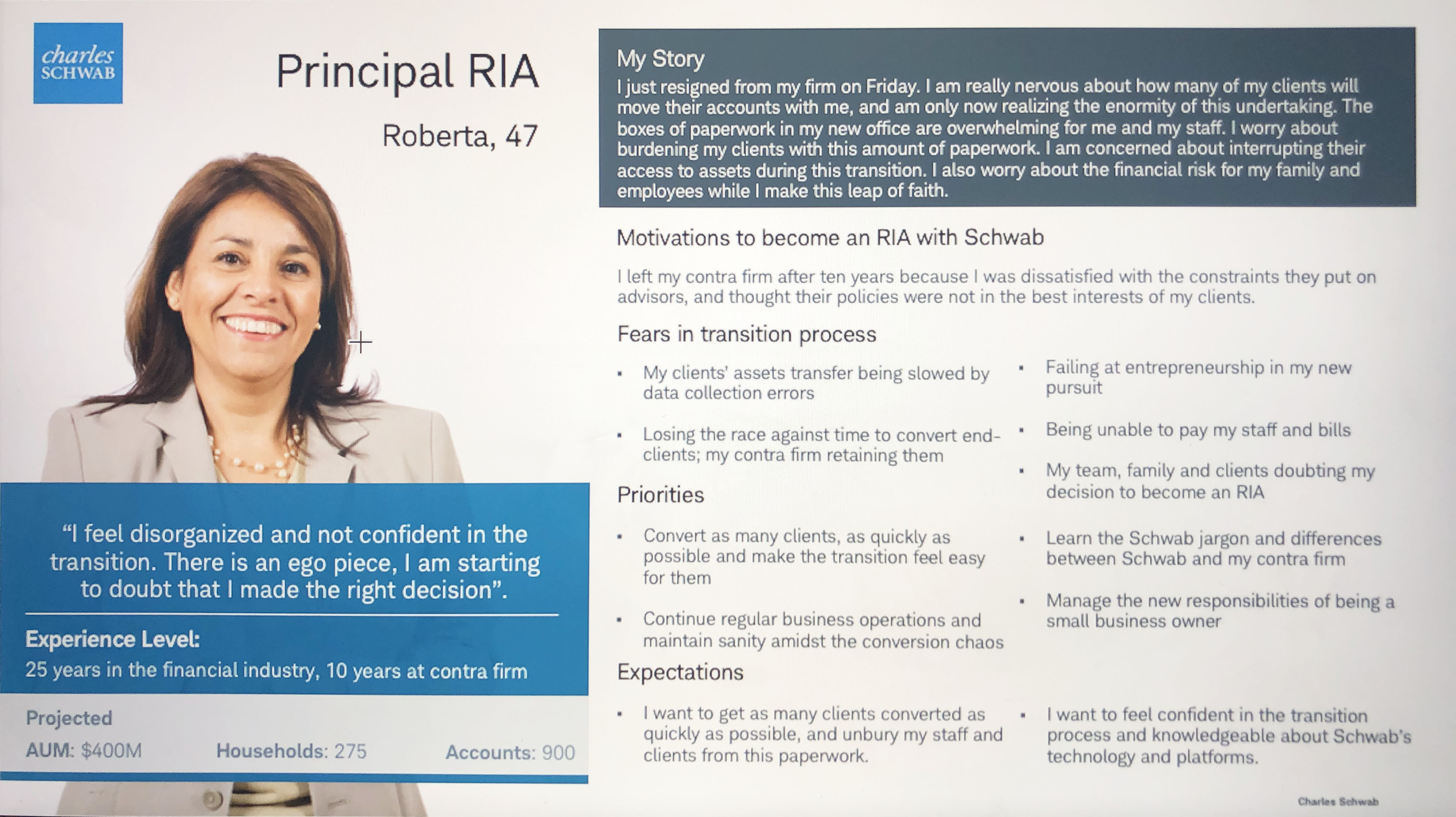 User persona document for Roberta, a financial adviser in transition